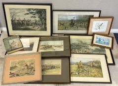 A selection of hunting prints, sketches and watercolours together with a book.