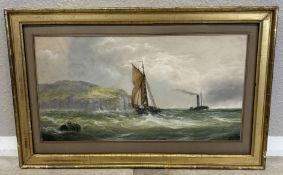 A gilt framed chalk on paper depicting boats on turbulent sea.