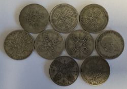 Nine silver florin coins. Appro. 98 grams. Est. £6