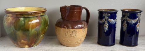 A stoneware jug together with a pair of Royal Doulton vases etc.