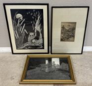 A framed and glazed glass etching together with two framed and glazed prints.