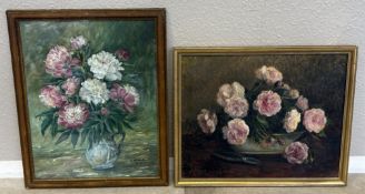 E WYNN: A gilt framed and glazed oil on board depicting peonies together with one similar.