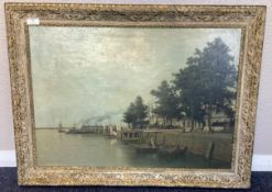 A framed oil on canvas depicting a view of boats docked on the river Scheldt, Antwerp.