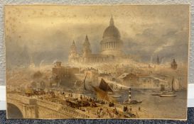 An unframed print with watercolour wash depicting St Pauls Cathedral, London.