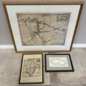 A framed and glazed antique map of Devonshire together with two others.