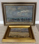 A gilt framed oil on canvas together with a gilt framed oil on board.