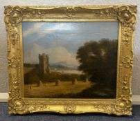 A gilt framed oil on canvas depicting a pastoral scene.
