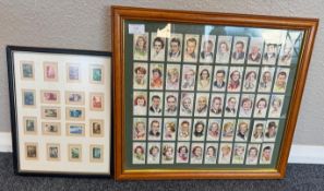 A framed and glazed selection of Players Cigarette cards together with Hungarian stamps.
