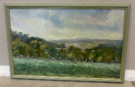 A framed acrylic on board entitled 'Cows in the morning Woodbury'.