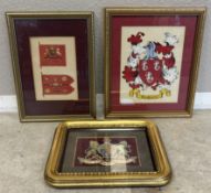 Two gilt framed and glazed Royal prints together with a 'Bashforth' family crest.
