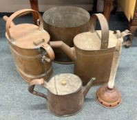 Two copper watering cans etc.