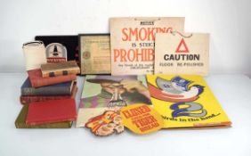 A group of vintage advertising signs and posters together with books and other ephemera (Qty) Please