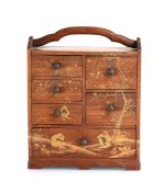 A 20th century Bombay rosewood tabletop jewellery cabinet with an arrangement of six drawers set