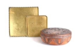 A Japanese bowl and cover decorated with pokerwork and relief carvings, di. 28 cm, together with a