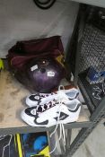 Cased Columbia 300 bowling ball with pair of Dexter white and black bowling shoes (size 7)