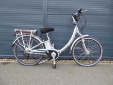 Electrobike Elite Plus silver folding electric town bike with battery, keys and charger