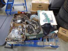 Pallet containing quantity of assorted vehicle parts and tools, to include lighting, panels, mud