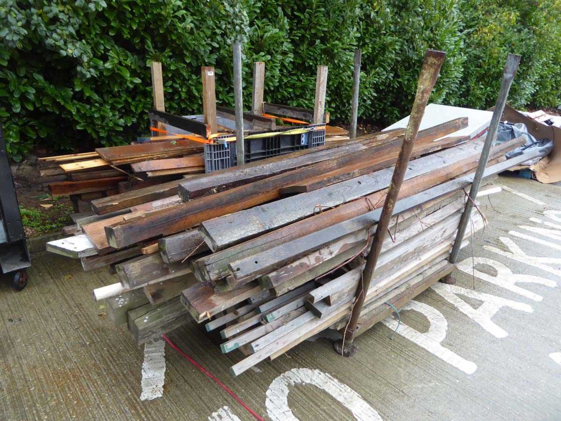 Roundel Log Posts 2 x stillages of assorted timbers to include joists, scaffold boards ...