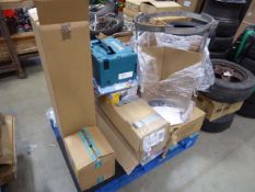 +VAT Pallet of assorted items to include empty Makita toolbox, machine motor, shop displays,
