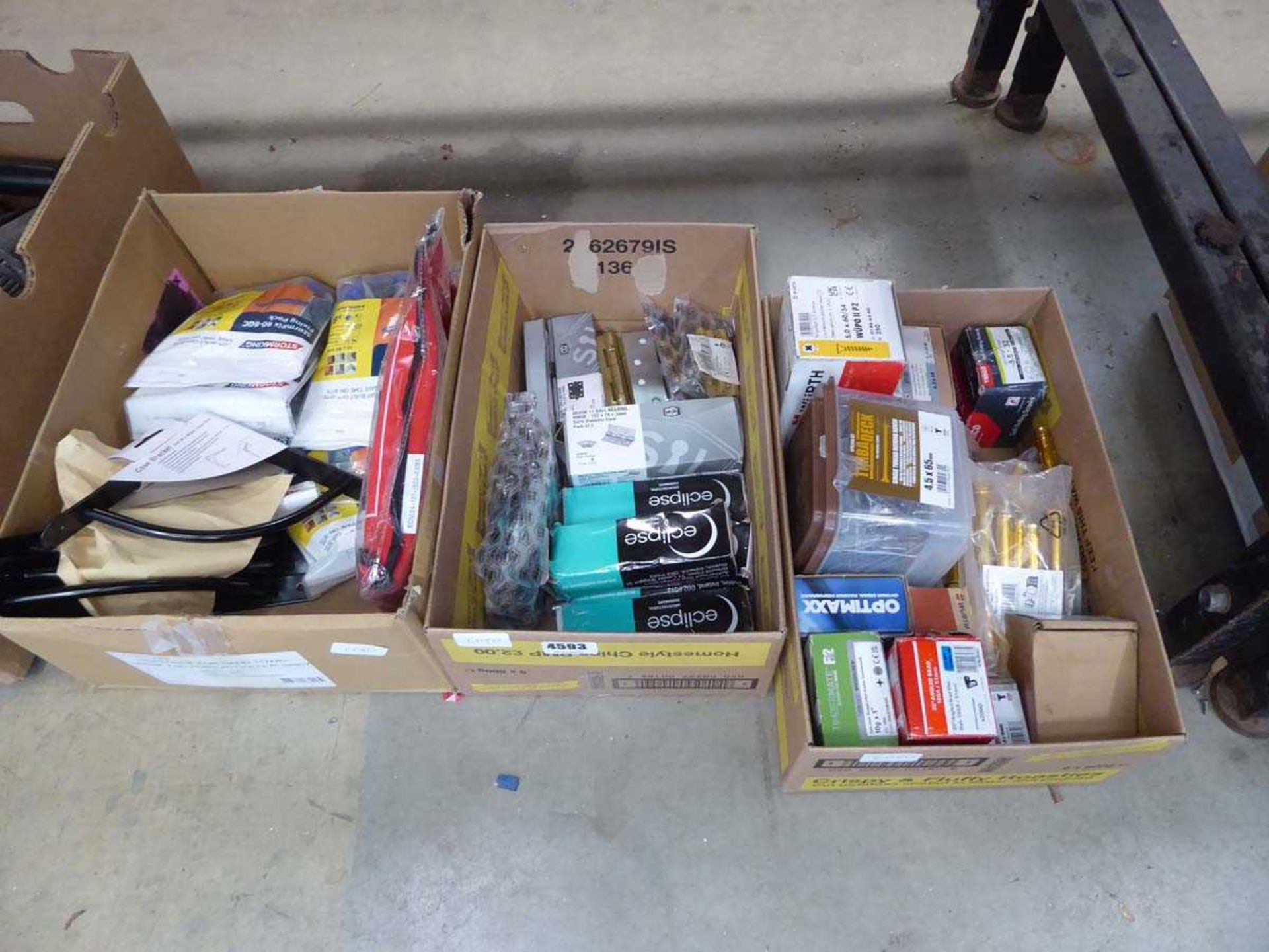 3 boxes containing an assortment of items to include screws, fixings, heavy duty bolts, hinges, fire