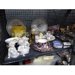 Cage containing Nao style figures, Poole patterned trio, pair of brass candlesticks, blue and