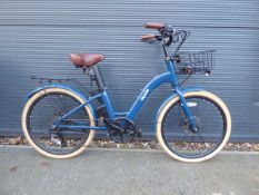 My Cycle blue town e-bike with a basket and charger