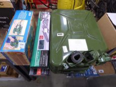 Selection of items to include army green jerry can, Parkside heavy duty bit set, Power Fix angle saw