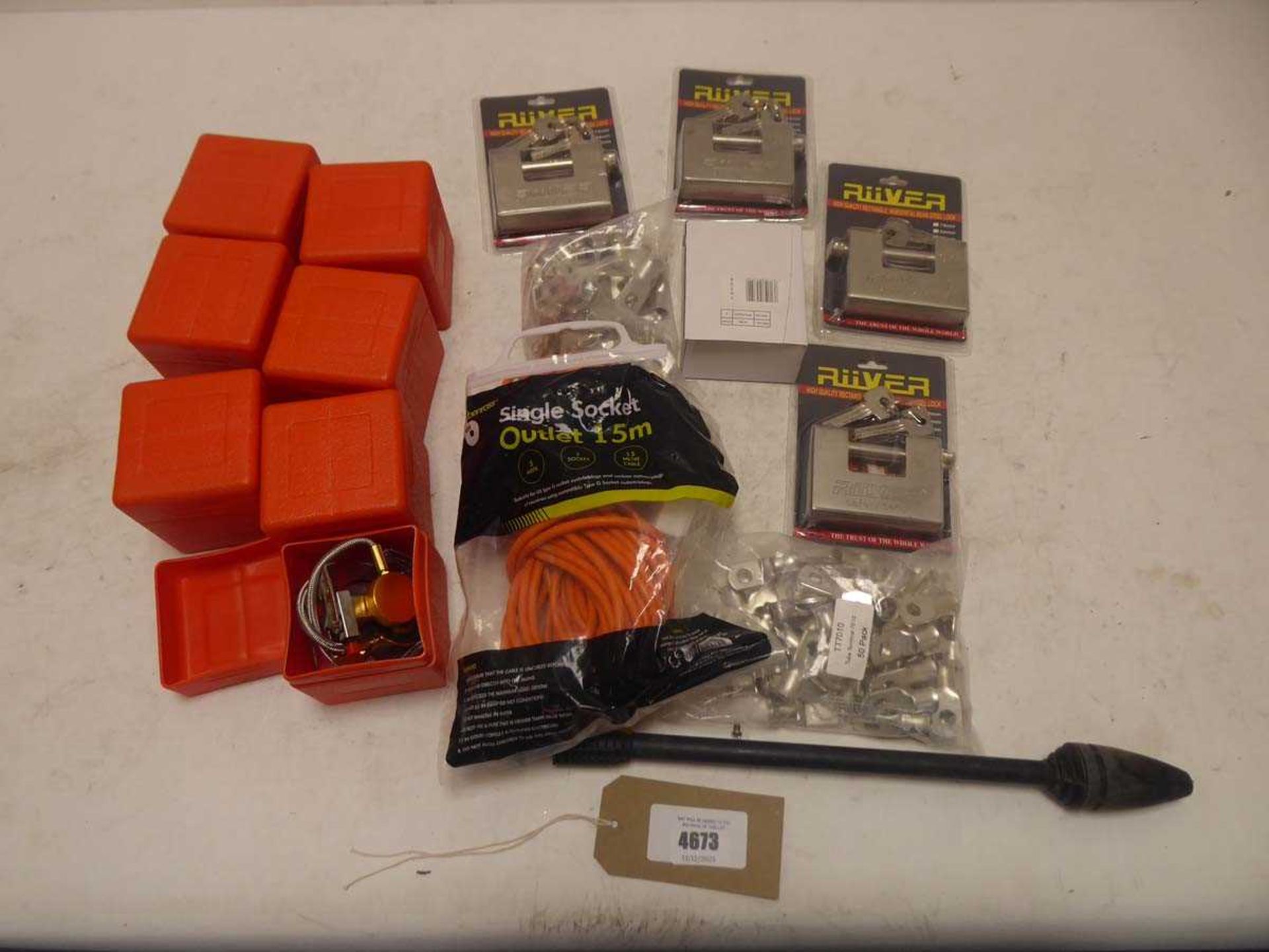 +VAT Selection of household to include orange boxes containing spare gas heating elements, padlocks,