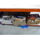 4 boxes containing National dolls, paperweights, ornamental figures, plus binoculars, and decanters