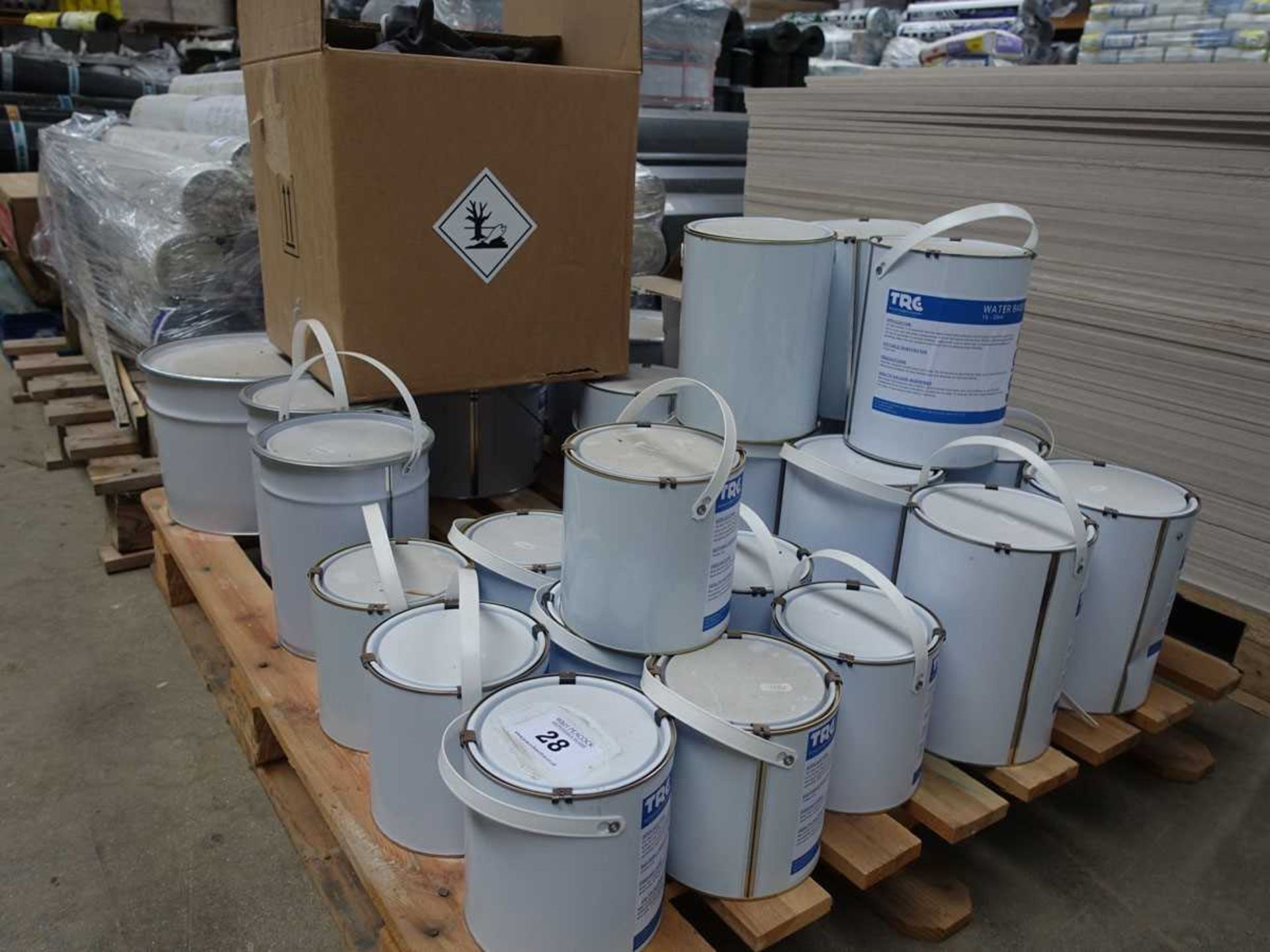 +VAT Pallet of various 2.5L, 5L and larger cans of TRG water based decking adhesive and other