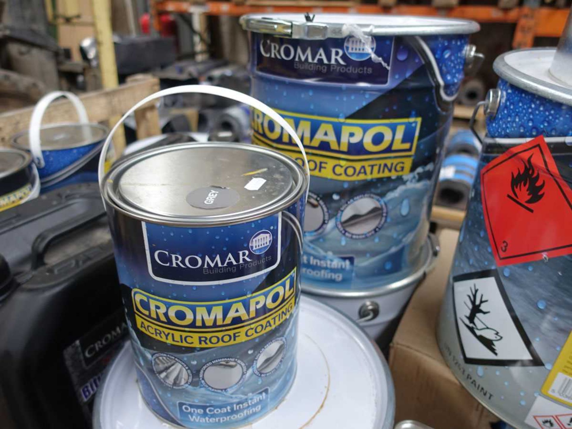 +VAT Stillage of miscellaneous roofing fluids including Cromapol acrylic roofing compound, bitumen - Image 3 of 7