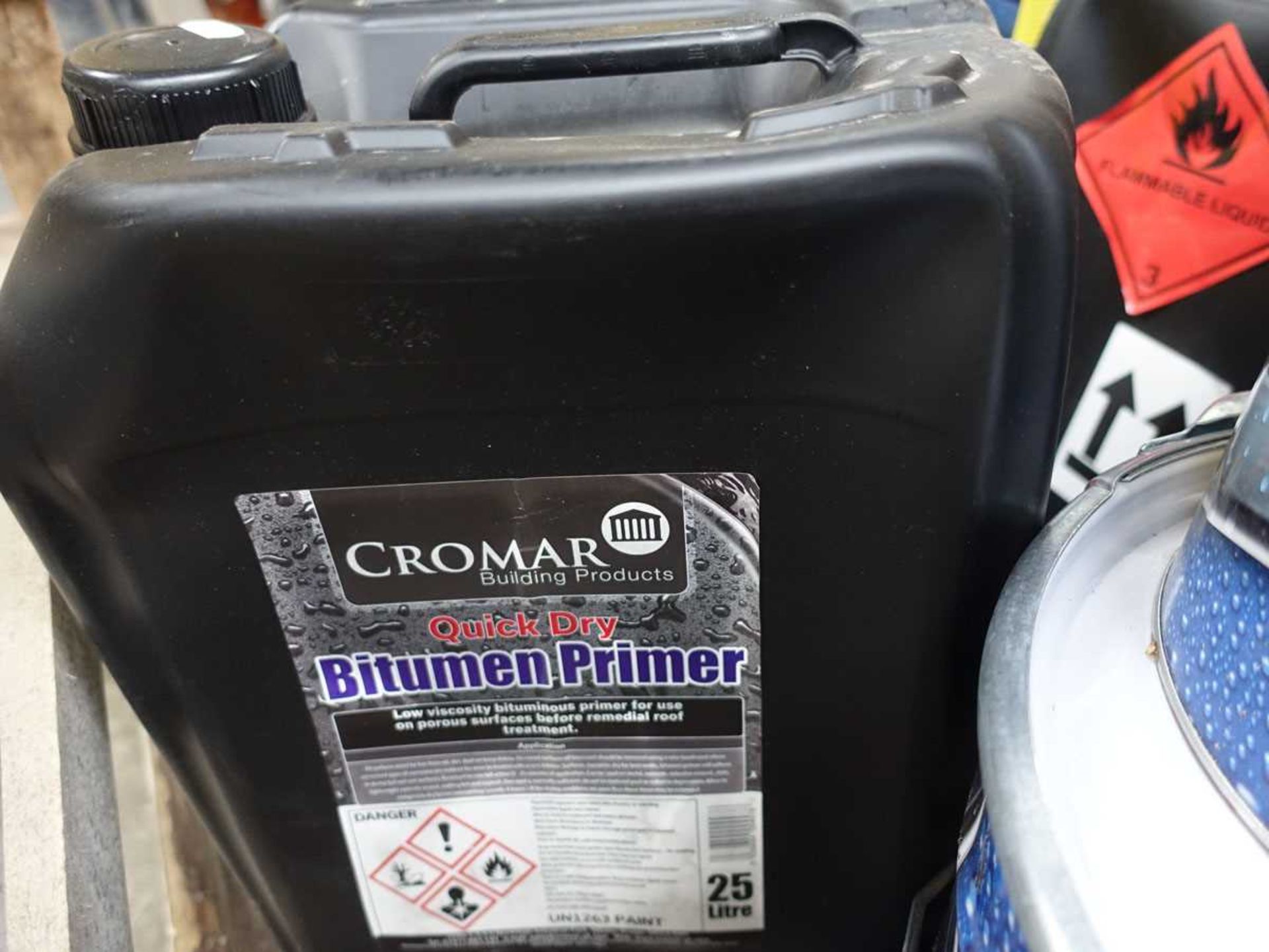 +VAT Stillage of miscellaneous roofing fluids including Cromapol acrylic roofing compound, bitumen - Image 4 of 7