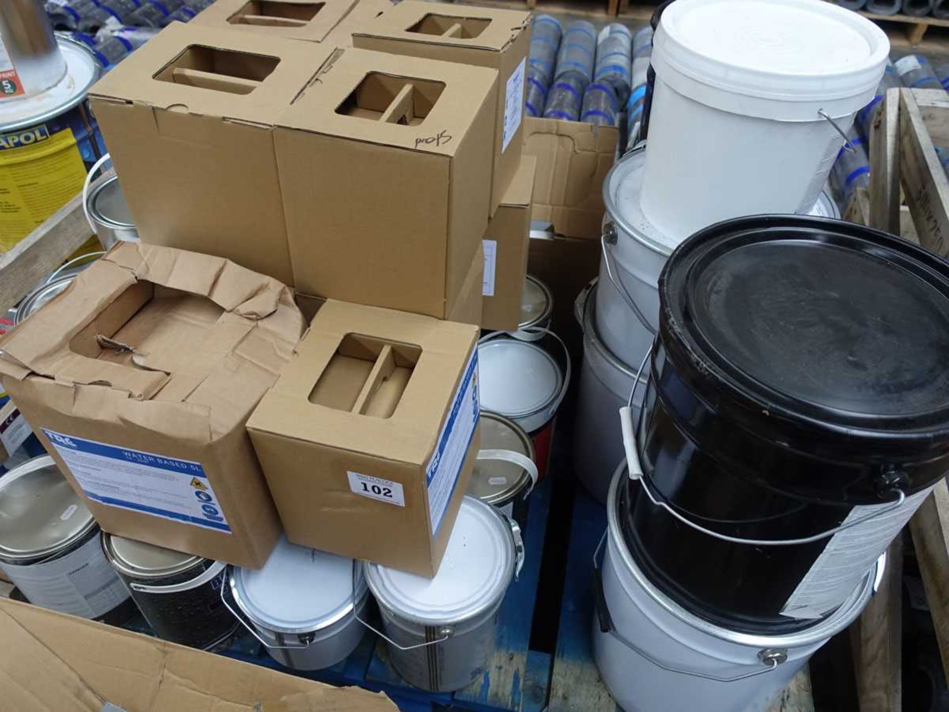 +VAT Pallet of various roofing adhesive and fluids by Cromar, TRG and others