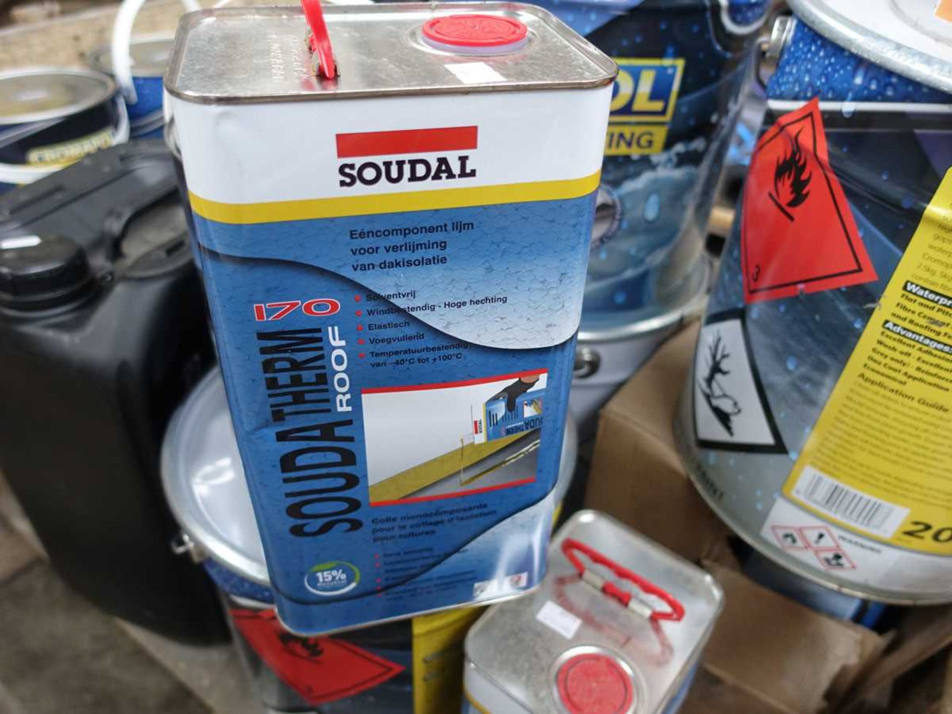 +VAT Stillage of miscellaneous roofing fluids including Cromapol acrylic roofing compound, bitumen - Image 5 of 7