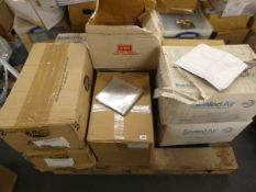 Pallet of assorted packaging including 13.5 inch brown mailers, singles slips etc. Please note