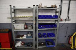 2x galvanised racks of miscellaneous nuts, bolts, work in progress, machinery parts, etc.,