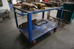Blue welded steel platform trolley with shelf under