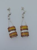 Silver Drop Earrings Set With Stacked Graduated Natural Amber