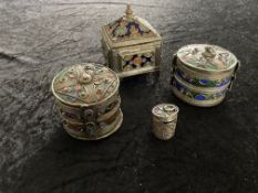 4 Vintage Cloisonne White Metal and Enamel Boxes With Lids