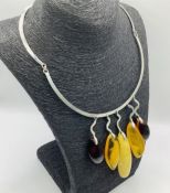 Luxury Artisan Bespoke Unique 925 Silver Amber Pendant Collar Necklace
