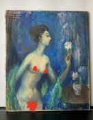 1950s Signed French Oil - Nude Lady Admiring Vase of Flowers