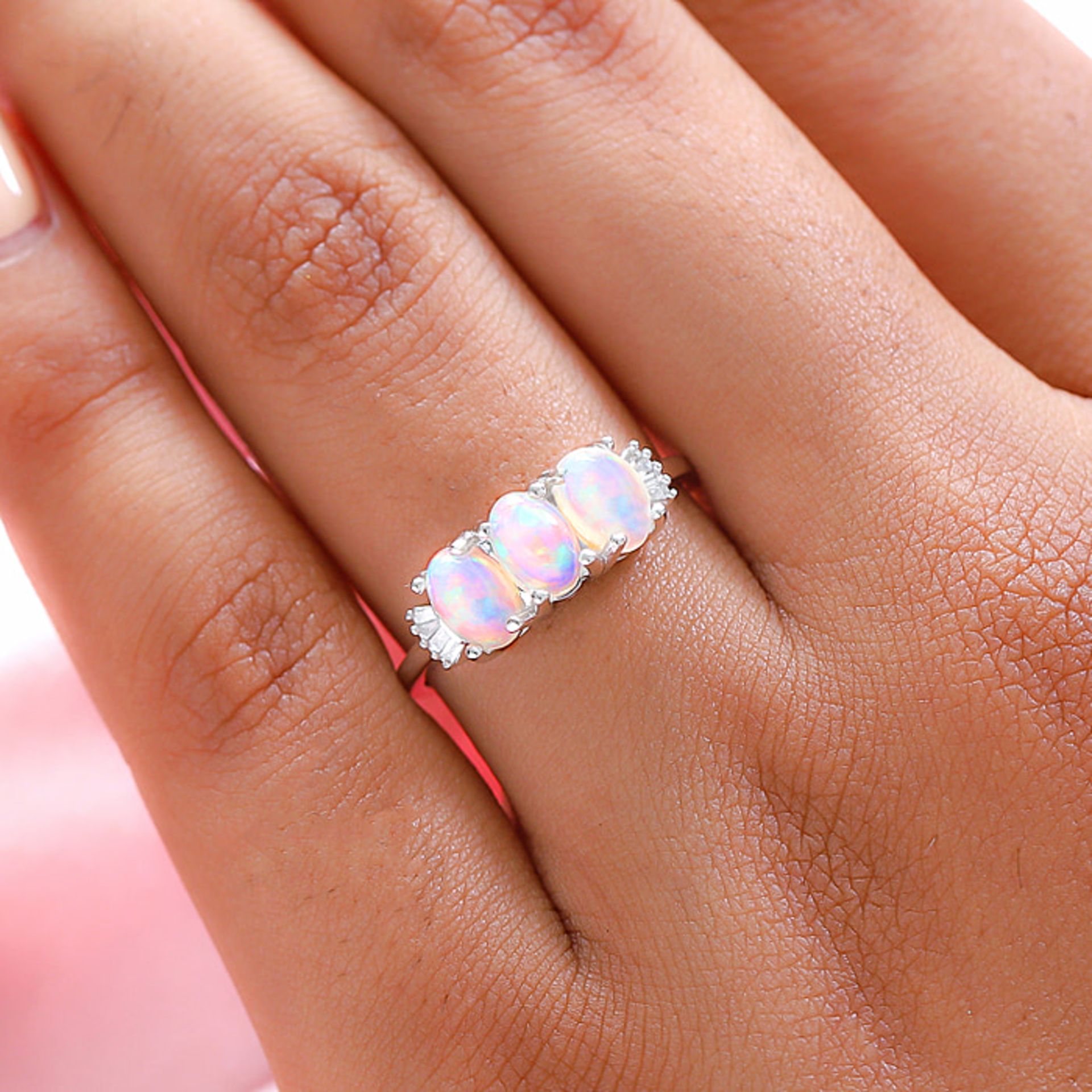 New! 9K White Gold AA Ethiopian Opal and Diamond Trilogy Ring - Image 2 of 4