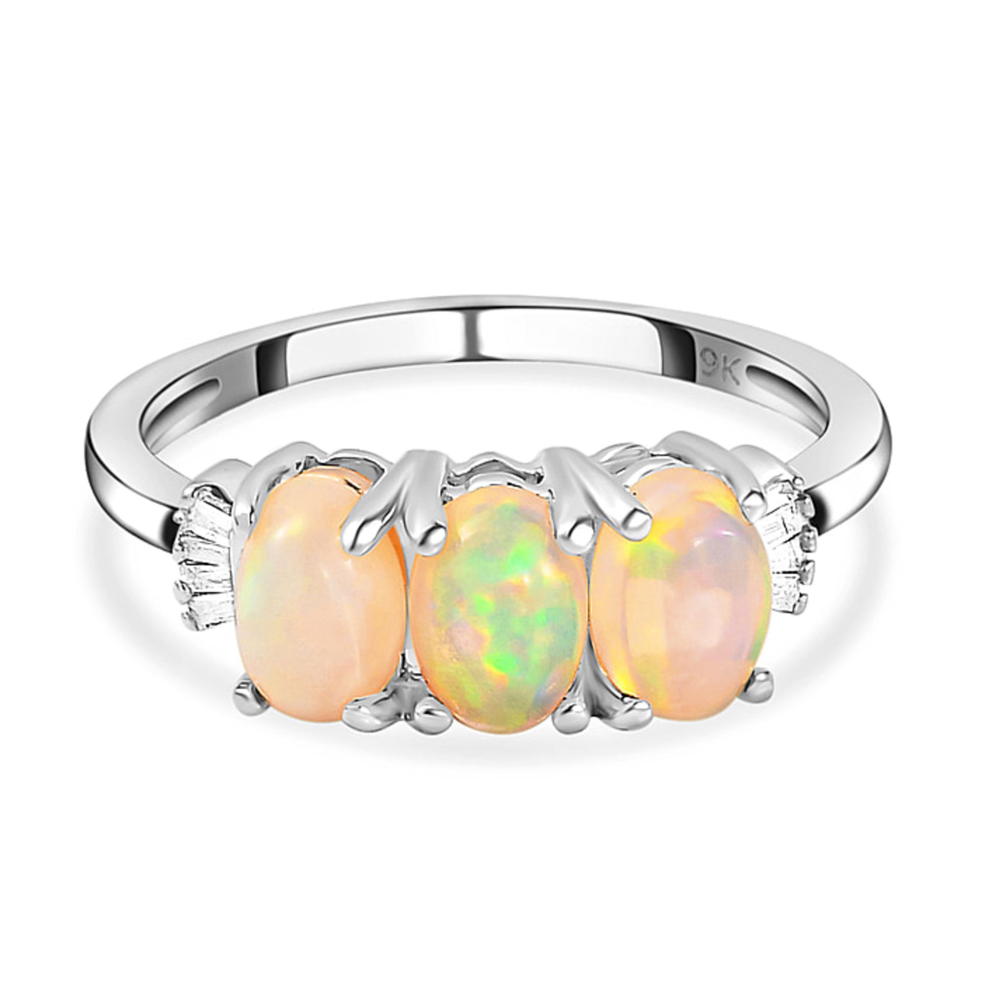 New! 9K White Gold AA Ethiopian Opal and Diamond Trilogy Ring - Image 3 of 4