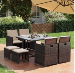 Garden Furniture Set Dining Table and Chairs, Set of 9 PE Rattan Outdoor Patio Furniture, Glass T...