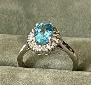 A Pretty Silver Blue Topaz & Diamond Cluster Ring With Valuation