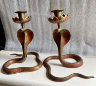 A Pair of Rare Vintage Brass Cobra Candle Holders