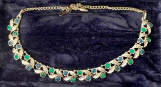 Vintage Textured Golden Vine Necklace With Green Stones