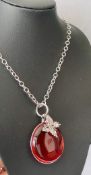 Belleek Silver Toned Cable Chain & Large Bold Red Domed Pendant & Butterfly