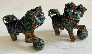 A Pair of Antique Miniature Chinese Foo Dog Gold Clad Cloisonne Figures