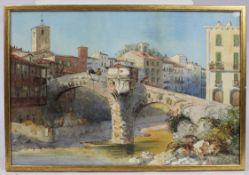 19th Century Watercolour â€“ Italian Stone Bridge Scene, Signed J.L. 1877